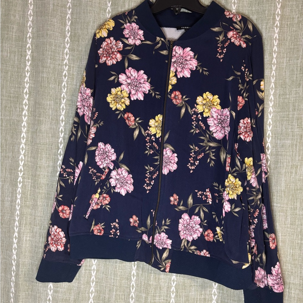 Torrid Blue and Pink Floral Bomber Jacket